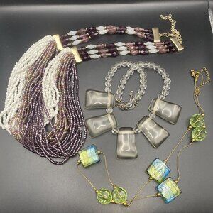 Lot of 3 Boho Statement Necklaces Multistrand Seed Beads Acrylic Bib Art Glass